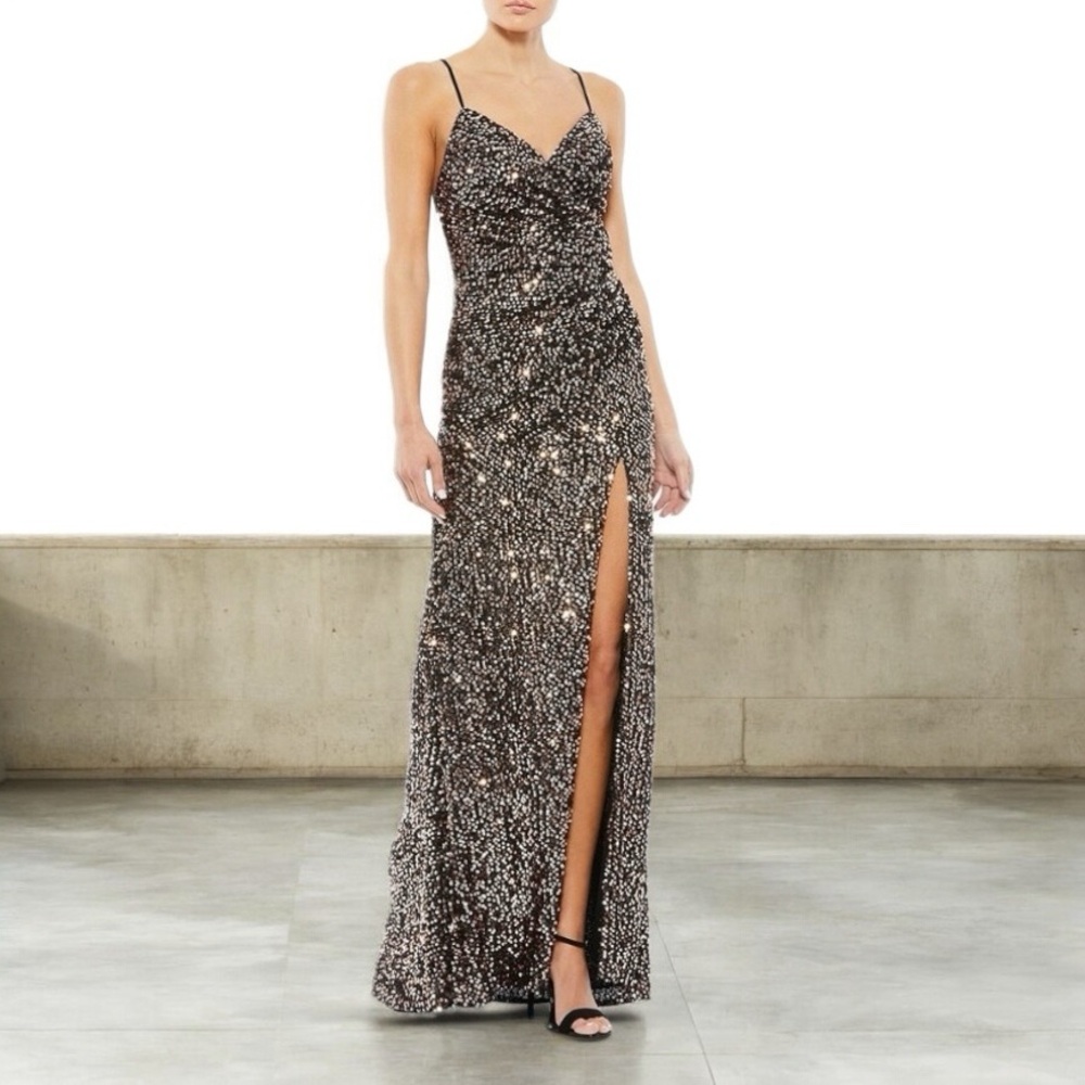 NWT Mac Duggal Sequined Gown Bronze Size 10 Gather Waist Low Back Formal Gown - Picture 7 of 14